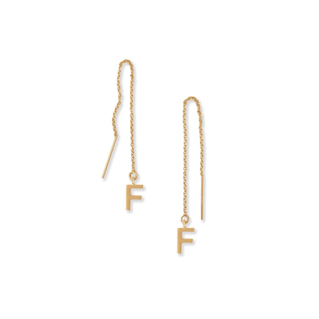 14 Karat Gold Plated F Initial Threader Earrings