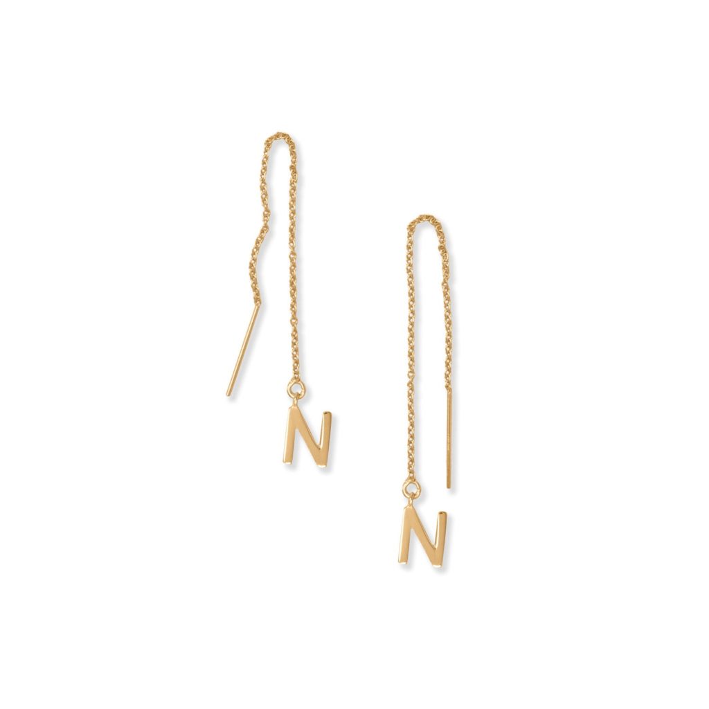 14 Karat Gold Plated N Initial Threader Earrings
