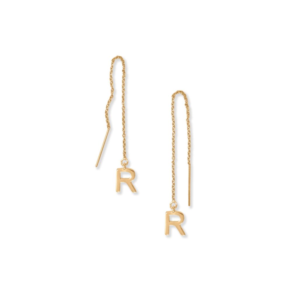14 Karat Gold Plated R Initial Threader Earrings
