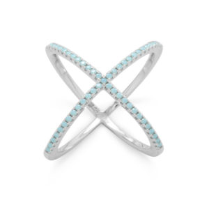 Rhodium Plated Criss Cross 'X' Ring with Blue CZs