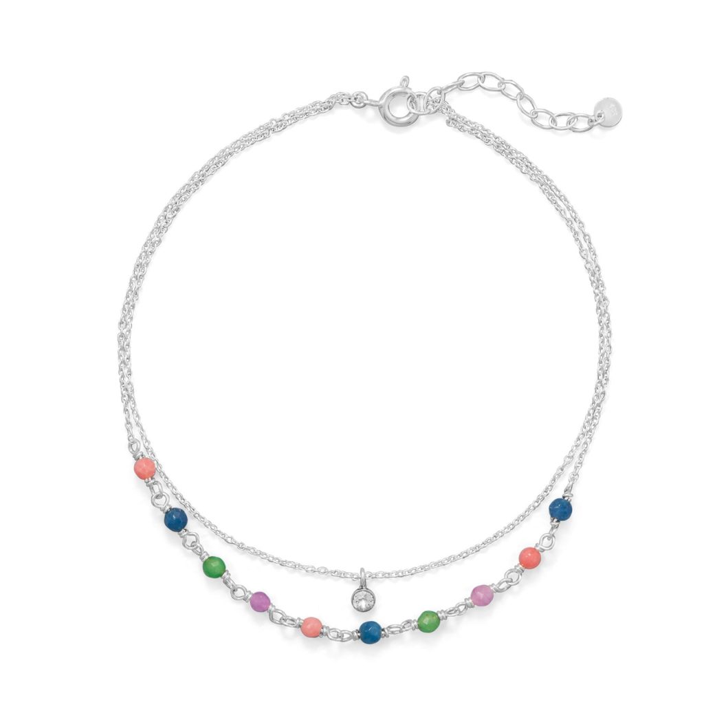 9+1 Multi Color Jade and CZ Double Strand Anklet