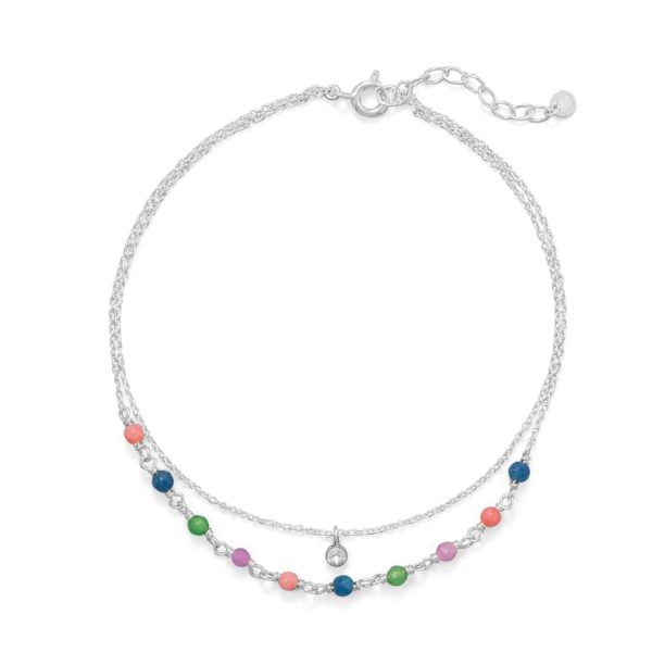 9+1 Multi Color Jade and CZ Double Strand Anklet