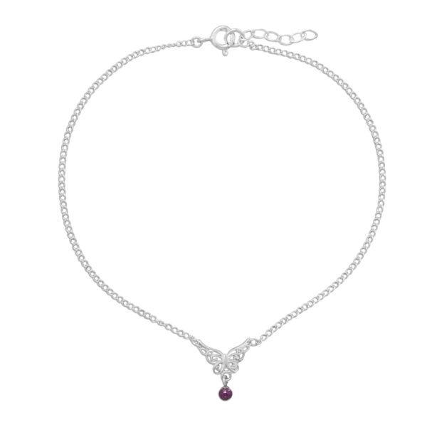 9.5+.5 Butterfly Anklet with Purple Crystal Charm
