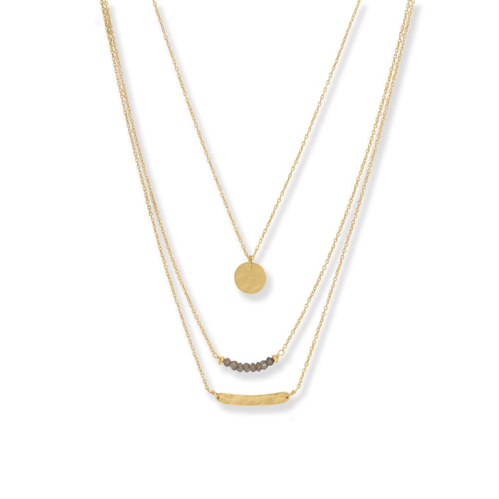 16 14 Karat Gold Plated Three Strand Labradorite Necklace