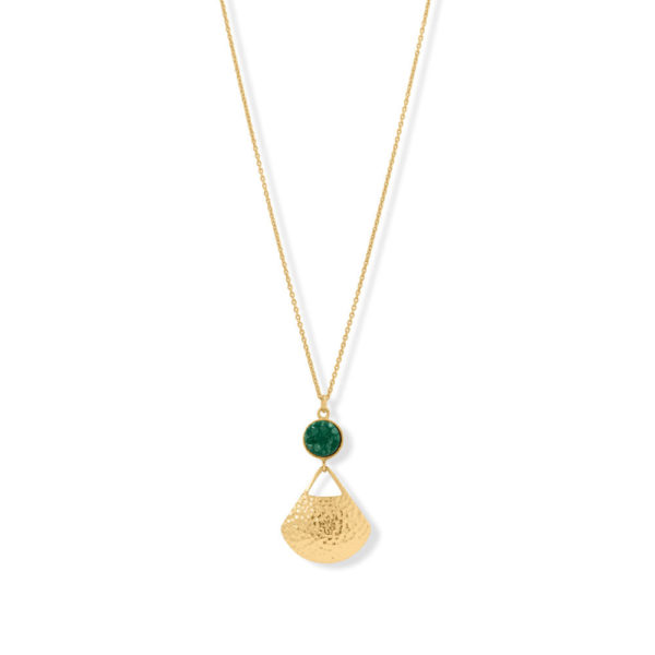 18 + 1 + 1 14 Karat Gold Plated Green Druzy and Fan Necklace