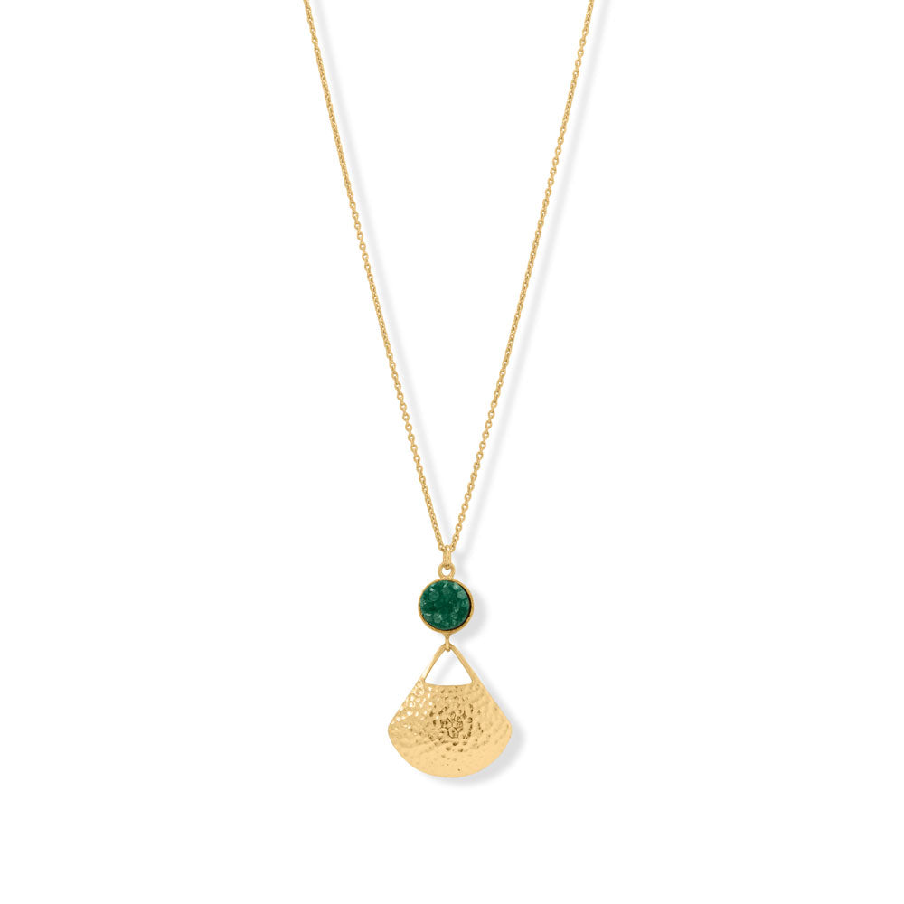 18 + 1 + 1 14 Karat Gold Plated Green Druzy and Fan Necklace