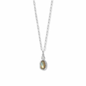 16 + 2 Rhodium Plated CZ and Oval Labradorite Necklace