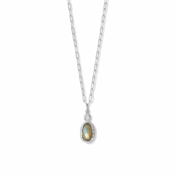 16 + 2 Rhodium Plated CZ and Oval Labradorite Necklace