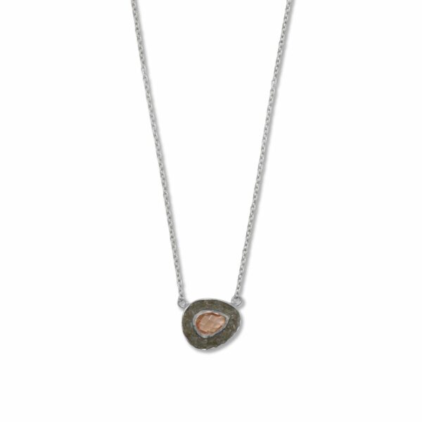 18 + 2 Rhodium Plated Pink Glass and Labradorite Halo Necklace
