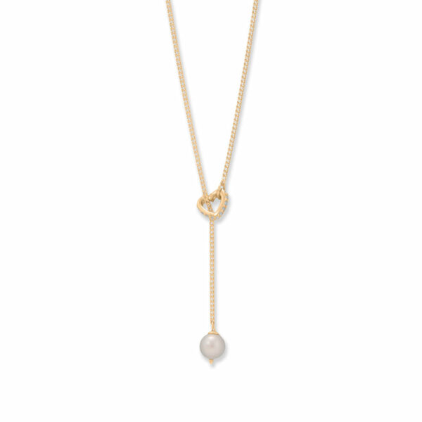 16 + 2 14 Karat Gold Plated Cultured Freshwater Pearl and CZ Heart Lariat Necklace