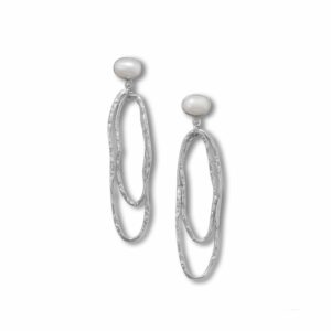 Rhodium Plated Cultured Freshwater Pearl and Textured Drop Earrings