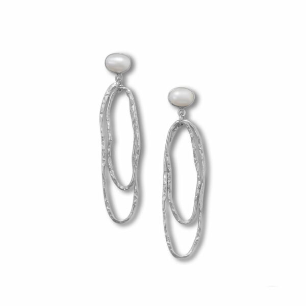 Rhodium Plated Cultured Freshwater Pearl and Textured Drop Earrings