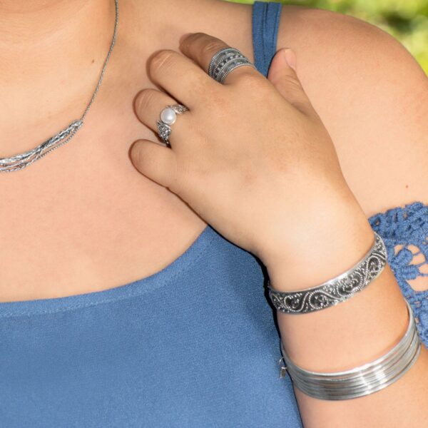 Oxidized Beaded Filigree Design Oval Cuff - Silver - alternate view 2