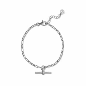 7 + 1 Rhodium Plated CZ Decorated Toggle Bar Bracelet