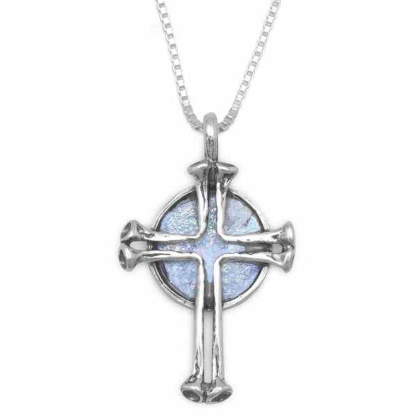 18 Round Ancient Roman Glass with Cross Necklace