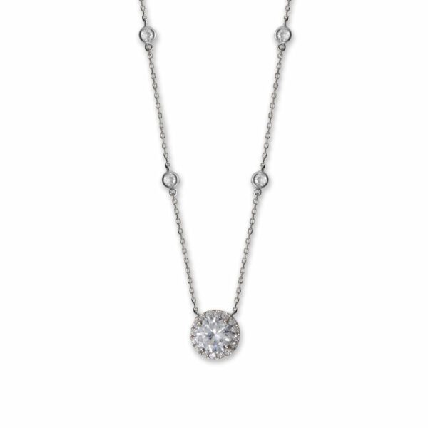 15 + 2 Rhodium Plated 8mm Halo CZ and Bezel CZ Necklace