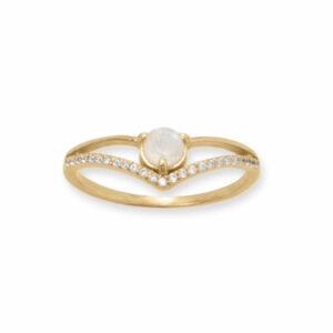 14 Karat Gold Plated CZ and Rainbow Moonstone V Ring