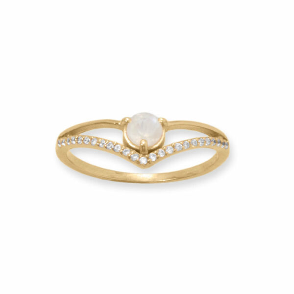 14 Karat Gold Plated CZ and Rainbow Moonstone V Ring