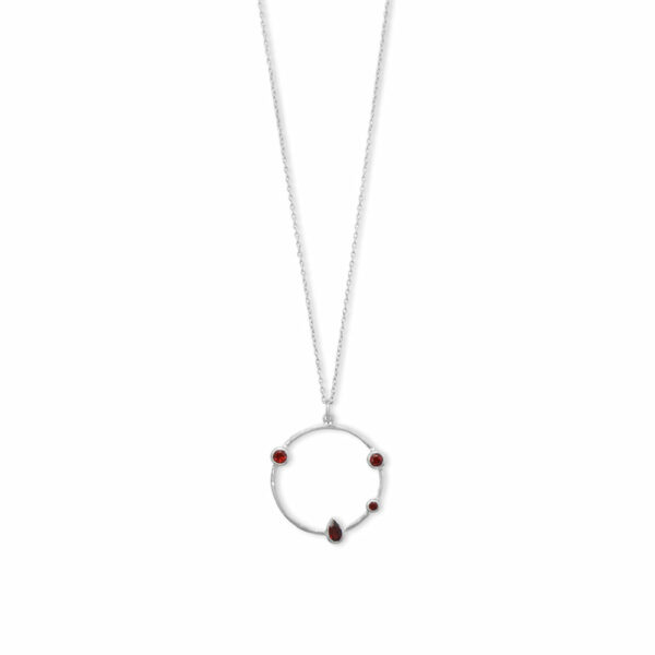16 + 2 Rhodium Plated Garnet and Hammered Circle Necklace