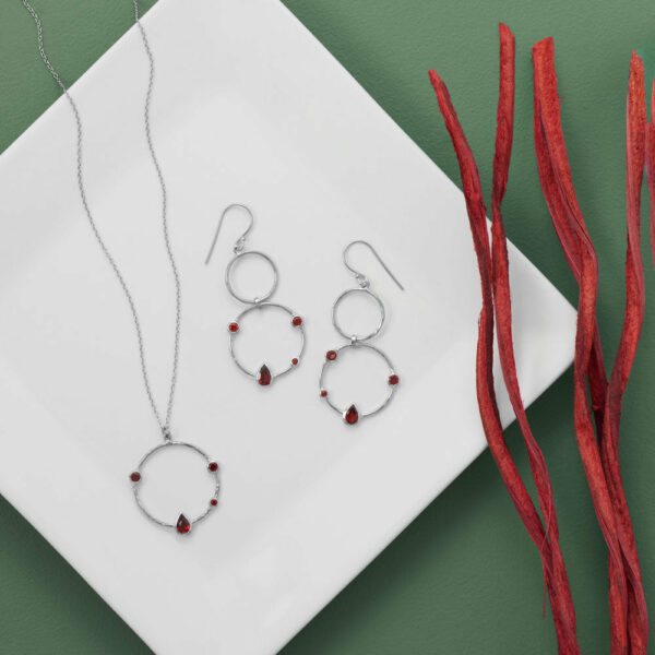 Rhodium Plated Garnet and Hammered Circle Drop Earrings - alternate view 2