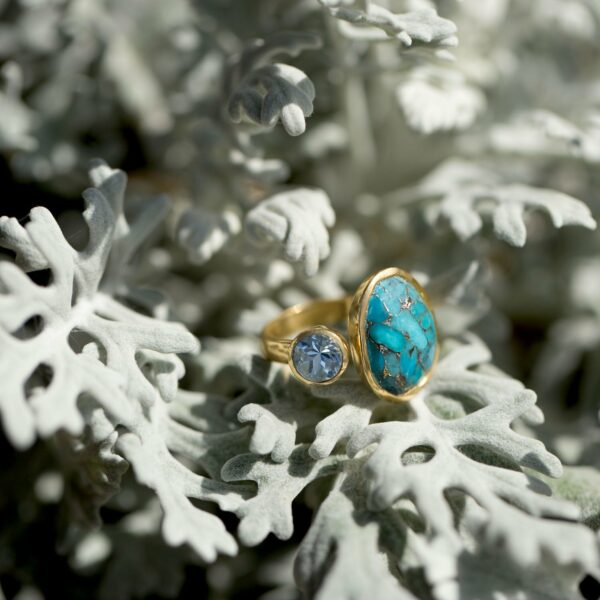 14 Karat Gold Plated Ring with Blue Topaz and Turquoise - alternate view 2