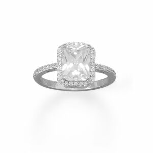 Rhodium Plated Solitaire Rectangle CZ Ring with Halo CZ Edge