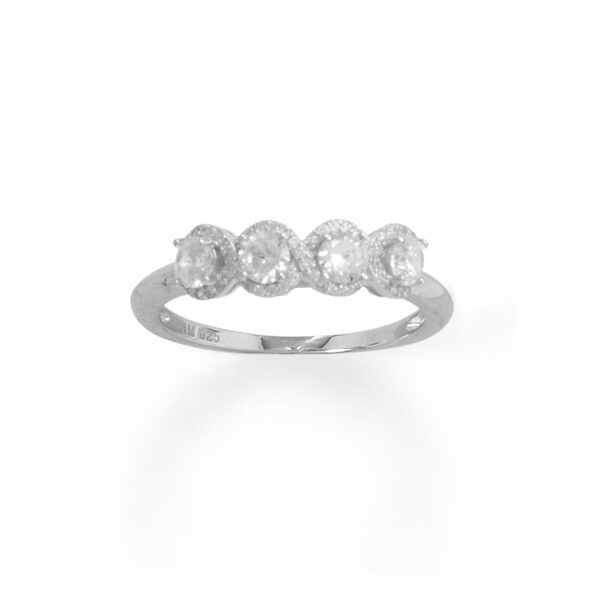 Rhodium Plated 4 CZ with Halo Edge Ring