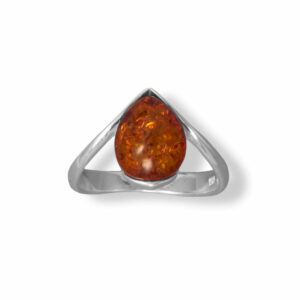 Polished Sterling Silver V with Pear Baltic Amber Ring