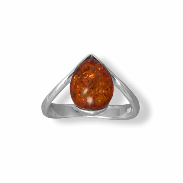 Polished Sterling Silver V with Pear Baltic Amber Ring