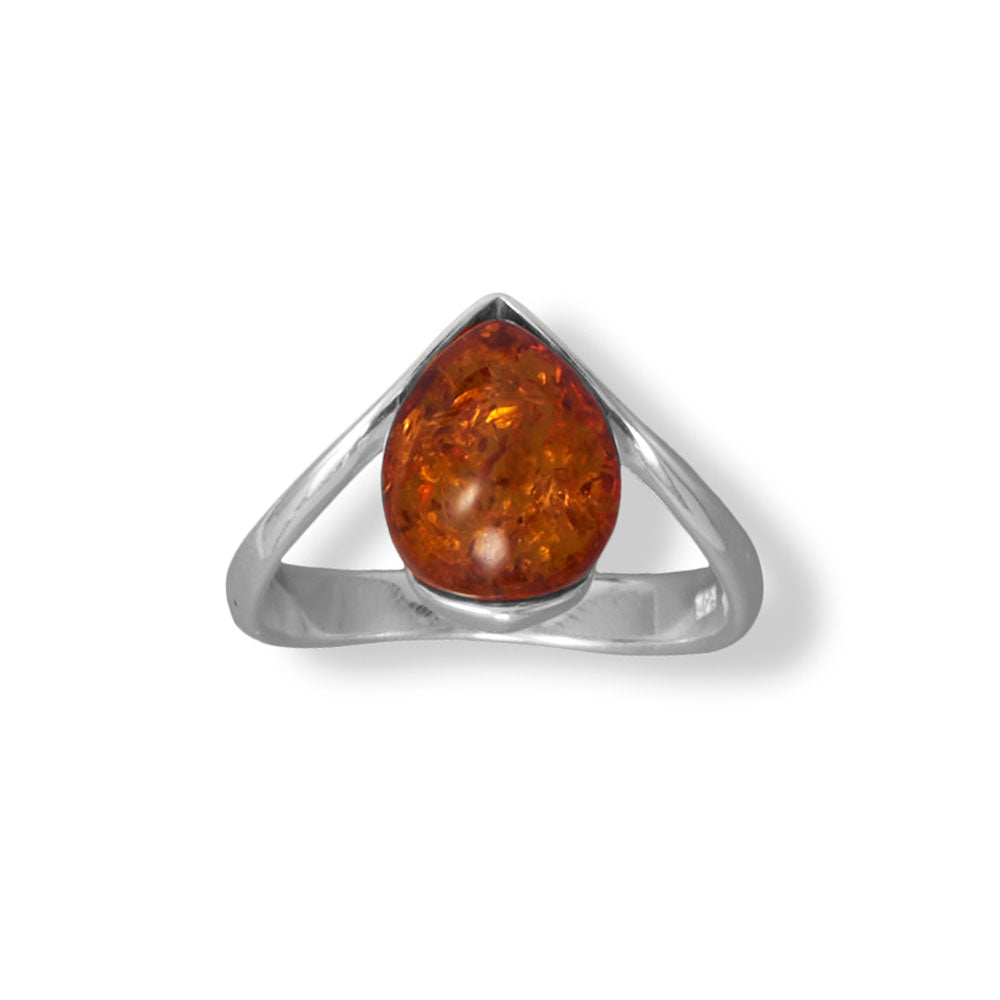 Polished Sterling Silver V with Pear Baltic Amber Ring
