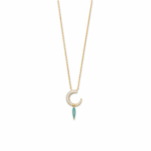 16 + 2 14 Karat Gold Plated Synthetic Turquoise and CZ Crescent Drop Necklace