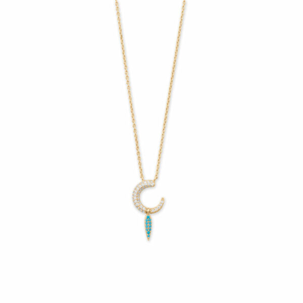16 + 2 14 Karat Gold Plated Synthetic Turquoise and CZ Crescent Drop Necklace
