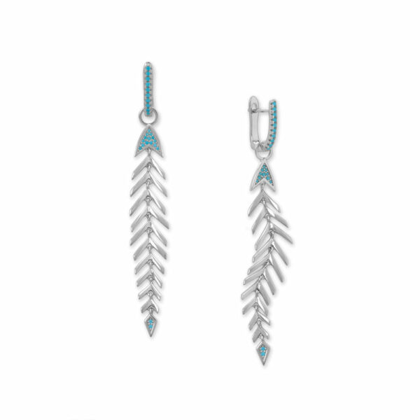 Rhodium Plated Synthetic Turquoise Fishbone Hoop Earrings