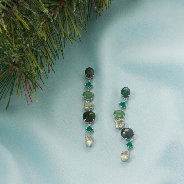 Rhodium Plated Green Multi Stone Long Drop Earrings - alternate view 2