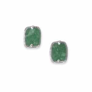 Rhodium Plated Rectangle Rough Cut Green Aventurine Stud Earrings