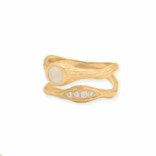 14 Karat Gold Plated Textured Rainbow Moonstone and CZ Ring - alternate view 2