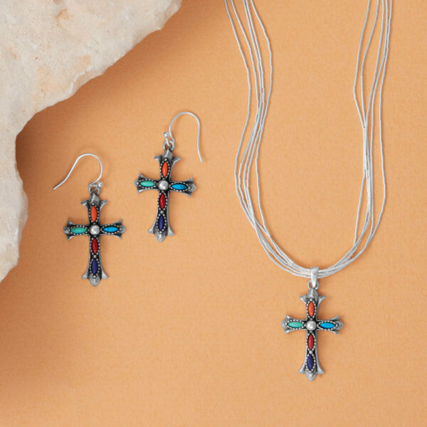 Oxidized Marquise Multicolor Stone Cross Earrings - alternate view 2