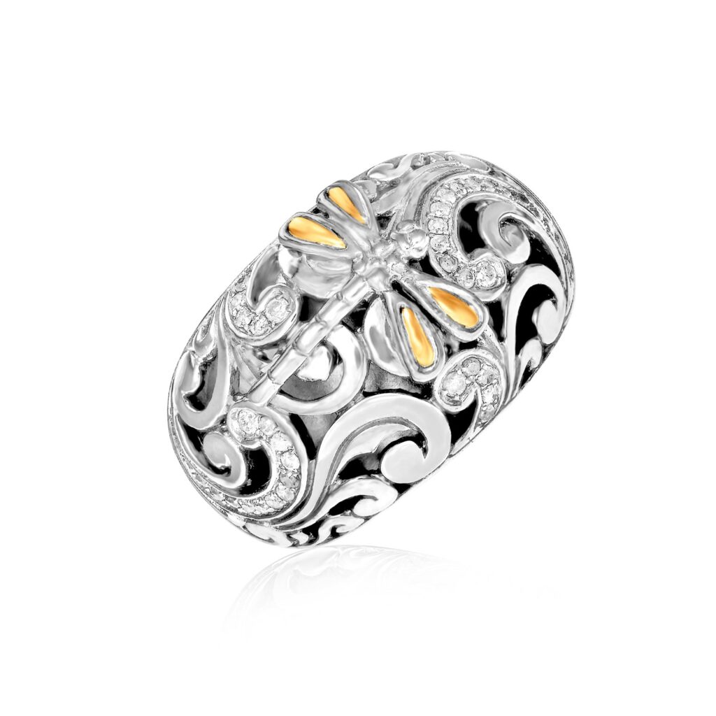 Gold & Silver Dragonfly Ring with Diamonds