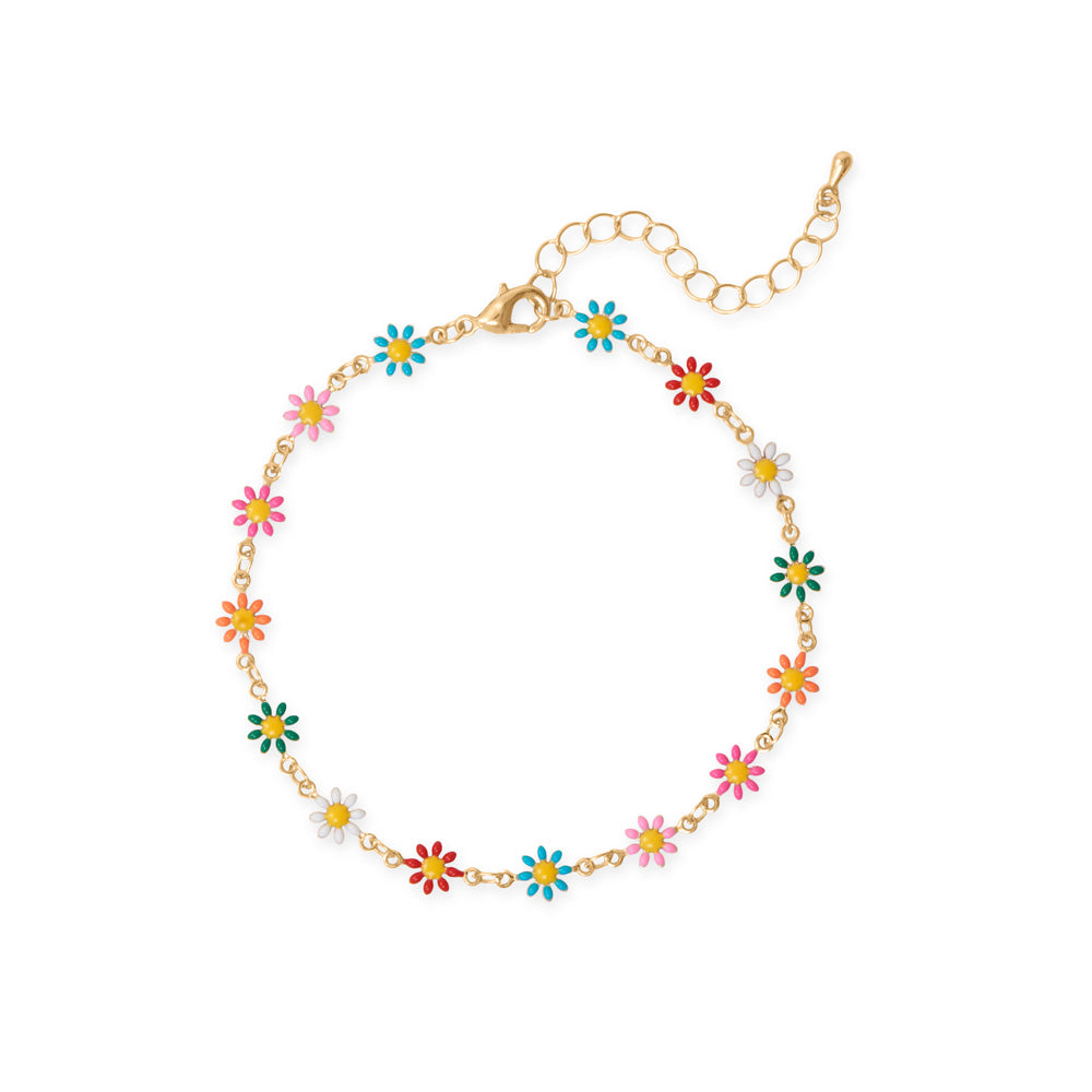 9 + 2 Gold Tone Multicolor Enamel Flower Fashion Anklet