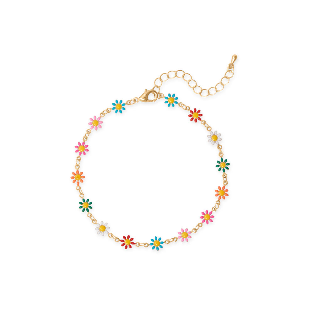 9 + 2 Gold Tone Multicolor Enamel Flower Fashion Anklet