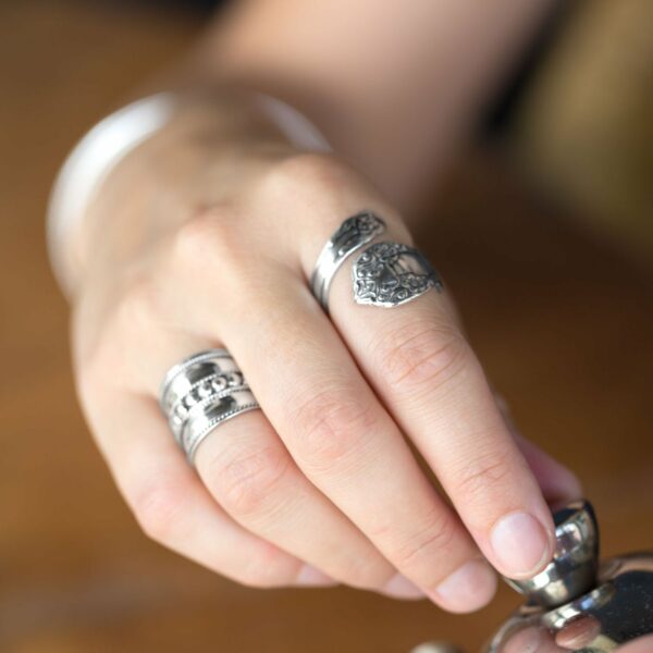 Oxidized Floral Spoon Ring - Adjustable 925 Silver - alternate view 2