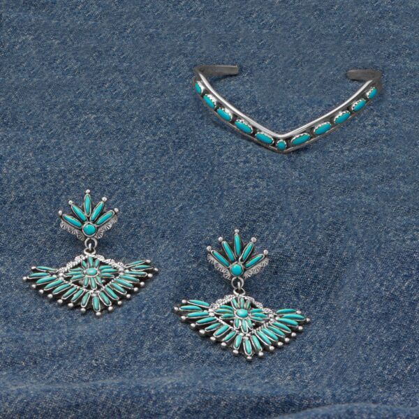 Handmade Oxidized Turquoise Chandelier Fan Design Earrings - alternate view 2
