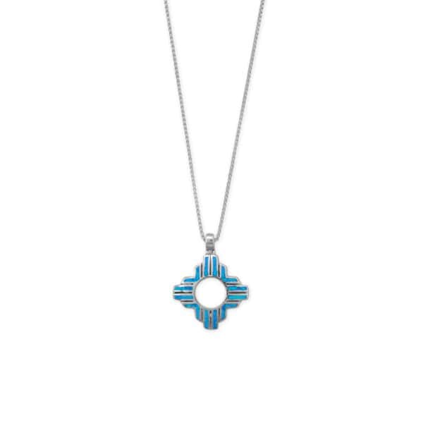 Rhodium Plated Synthetic Blue Opal Zia Symbol Pendant - alternate view 2
