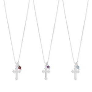 16 Birthstone and Ornate Cross Charm Necklace (All Months)