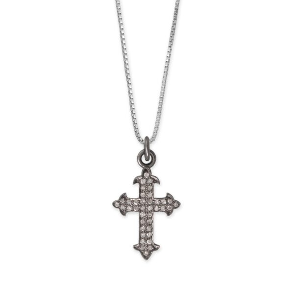 18 Black Rhodium Plated Diamond Studded Ornate Cross Necklace