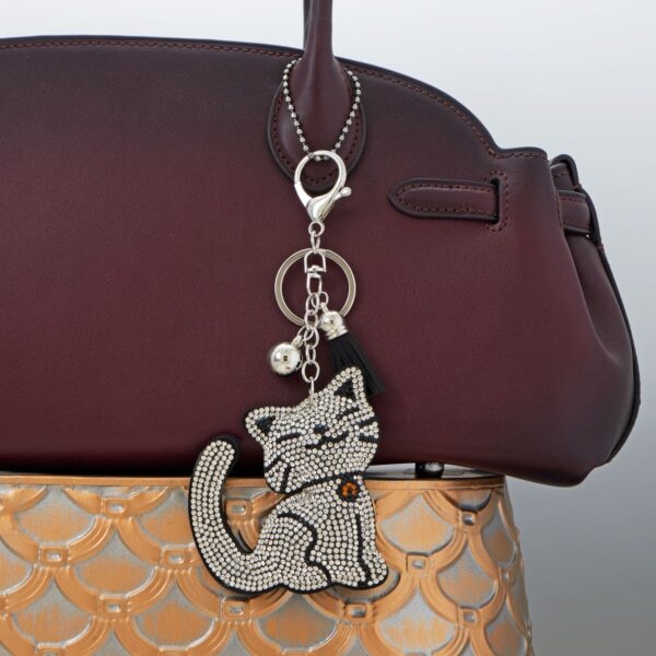 Silver Tone Smiling Crystal Kitty Bag Charm - alternate view 2