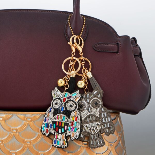 Gold Tone Colorful Crystal Owl Bag Charm - alternate view 2