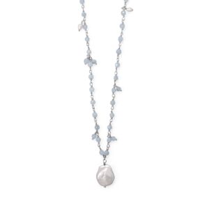 18+2 Beaded Aquamarine and Cultured Freshwater Pearl Necklace