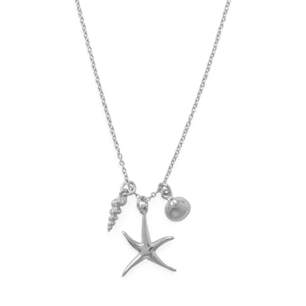 16 Rhodium Plated Starfish and Shells Charm Necklace
