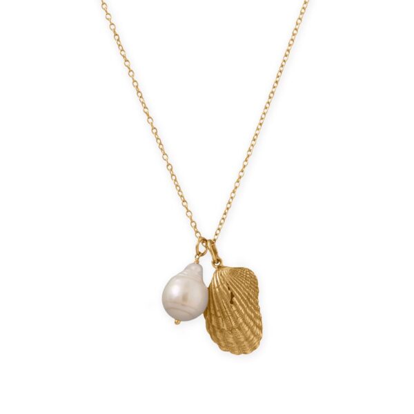 16 + 2 14 Karat Gold Plated Shell and Pearl Necklace